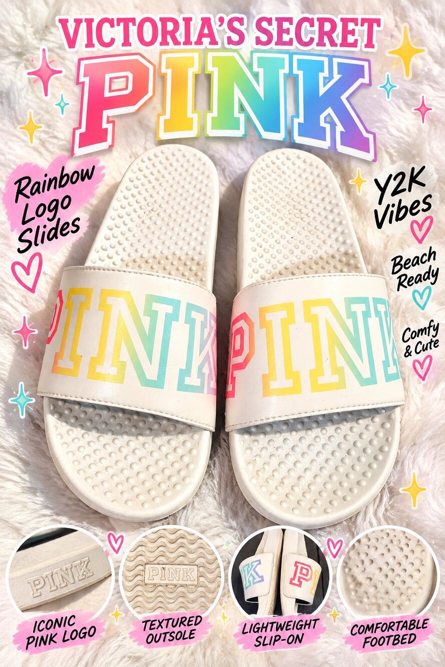 Victoria’s Secret PINK Rainbow Logo White Slide Sandals Y2K Ombre